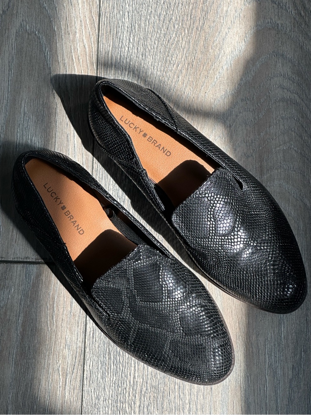 Lucky Brand Elafina Women's 7 Black Leather Snakeskin Loafers Flats